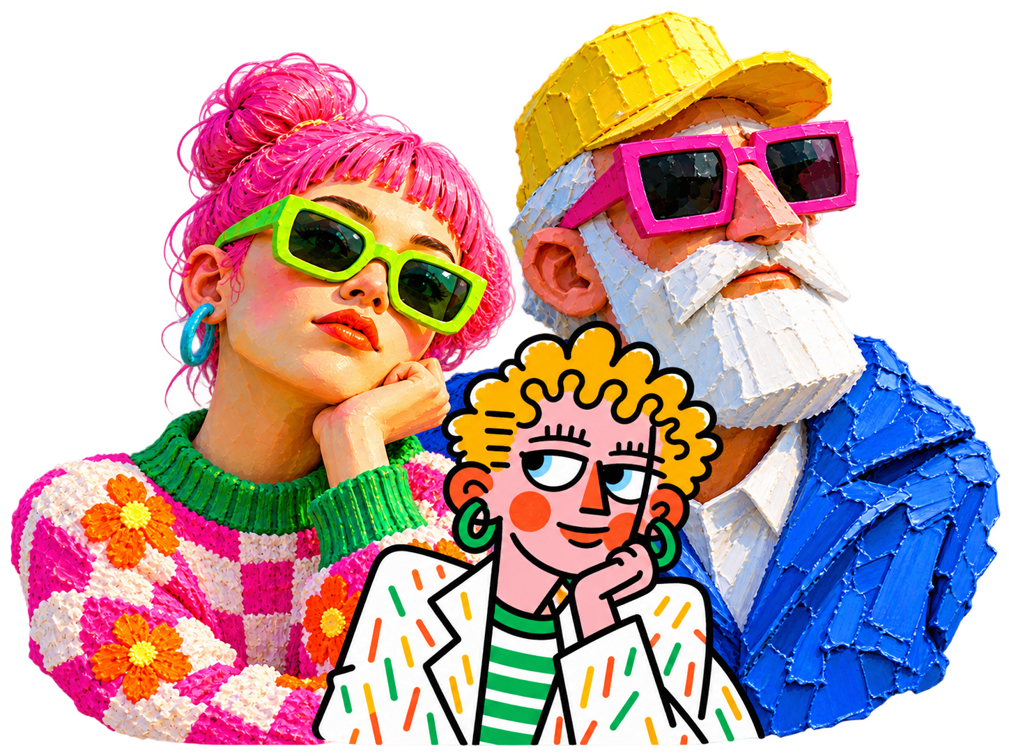 Personajes de marca: mujer de cabello fucsia, hombre de barba blanca y personaje ilustrado de cabello amarillo