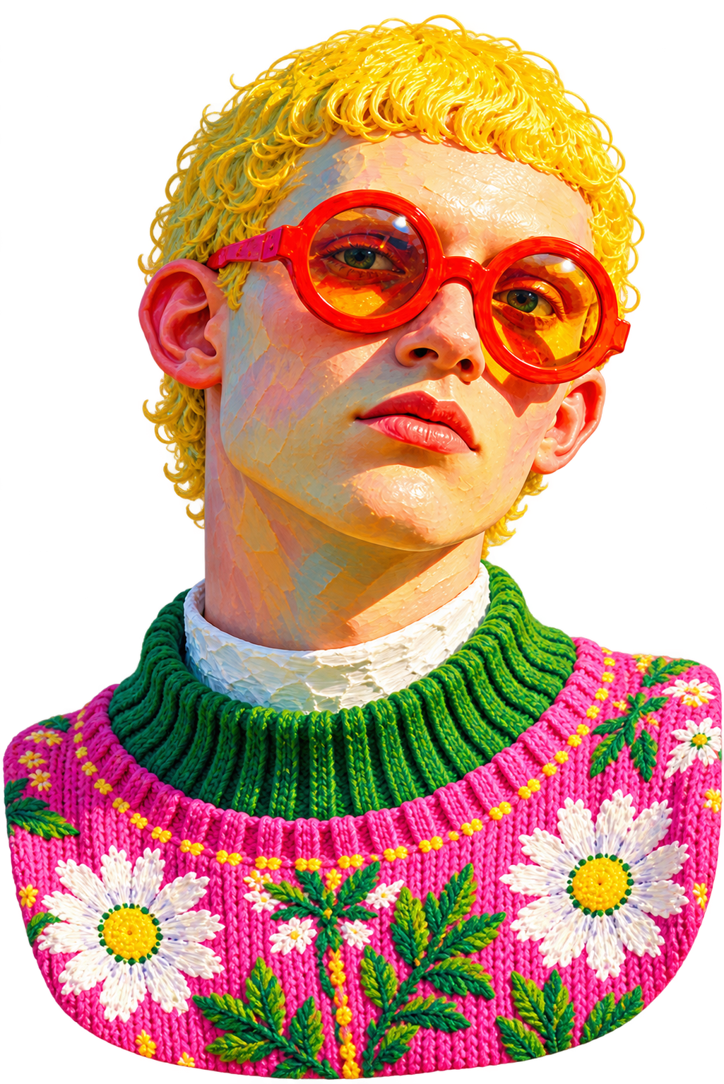 Personaje de cabello amarillo, gafas rojas y suéter rosa tejido con margaritas